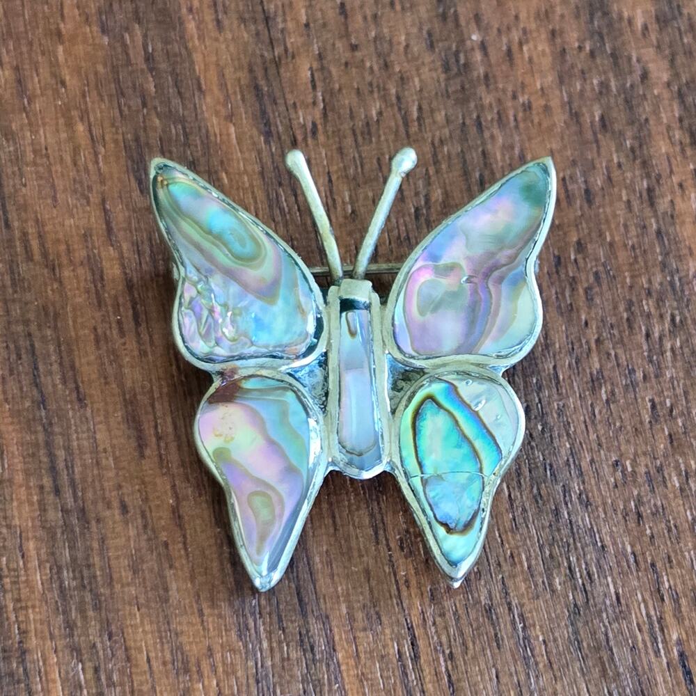 Vintage Butterfly Brooch Alpaca Silver Tone Abalone Shell Inlay Boho Earthy
